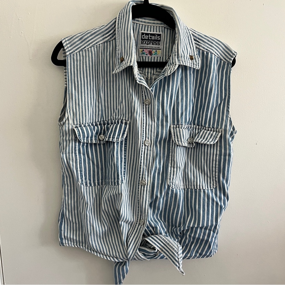 Vintage 90s Vertical Striped Chambray Denim Cropped Front Tie Sleeveless Top